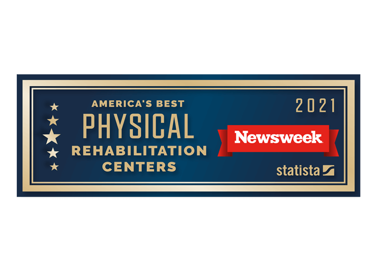 Horizontal Newsweek blue and red logo for best physical rehabilitation centers.